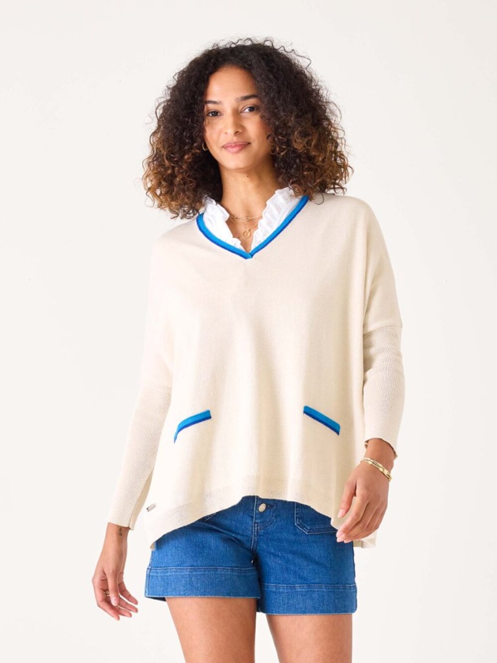 Mersea Catalina Beige/Ecru V-Neck Sweater with Blue Trim, OS
